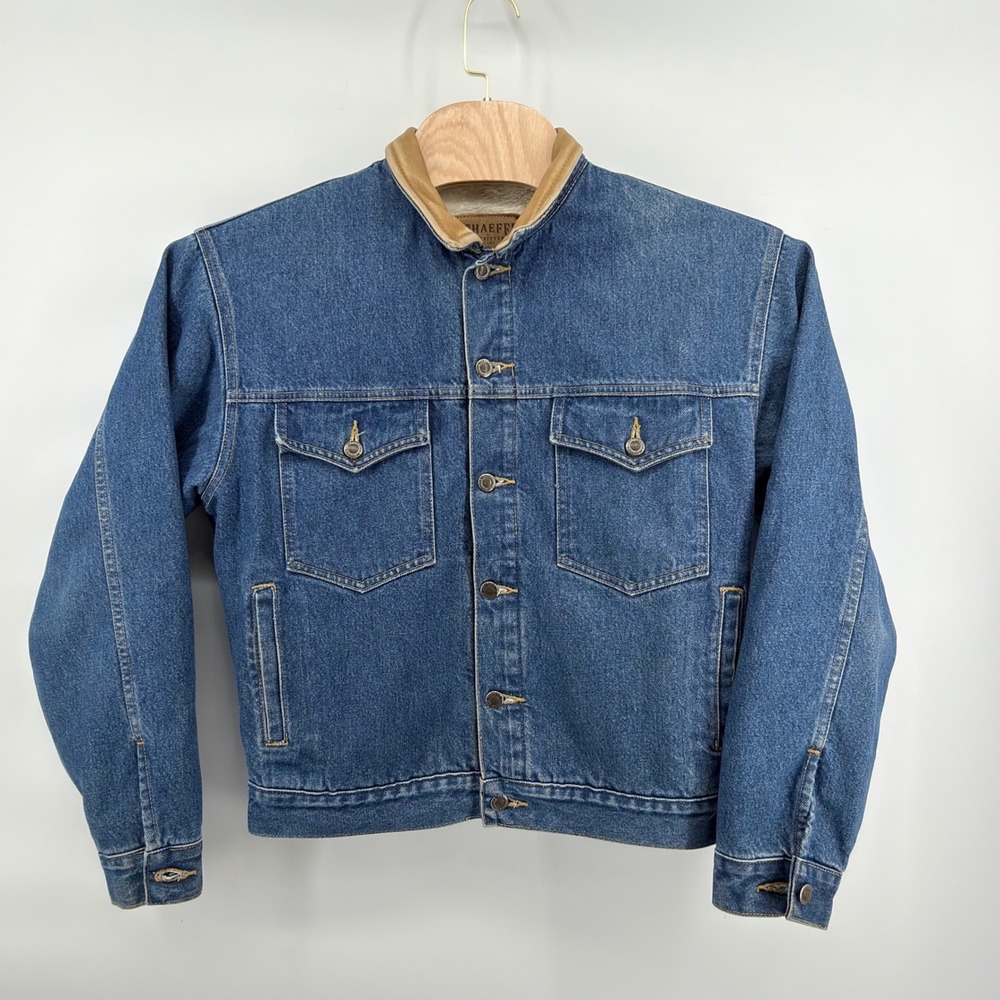 Schaefer Outfitter Denim Jacket Mens M Blue Tan Yellow White Sherpa Lined USA